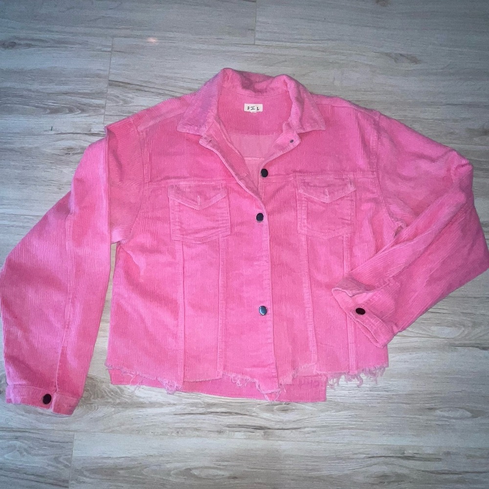 Pol Jacket Womens Sz L Pink Corduroy  Distressed Hem Pockets Boho Festival Shirt
